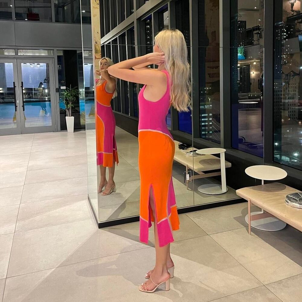 Solid + striped Women's Orange and Pink Dress